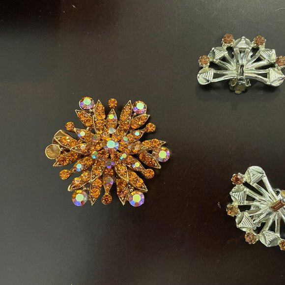 Vintage Silver tone clip ons earrings with amber and an amber AB crystal Brooch - Picture 8 of 10
